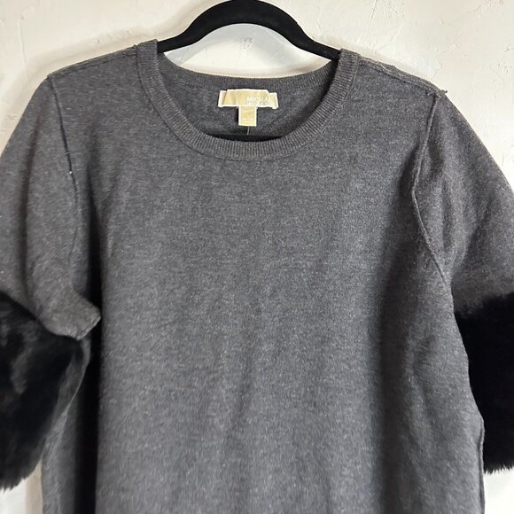 Michael Kors Womens Large Short Sleeve Sweater Top Gray NEW Faux Fur Sleeve - Picture 2 of 11